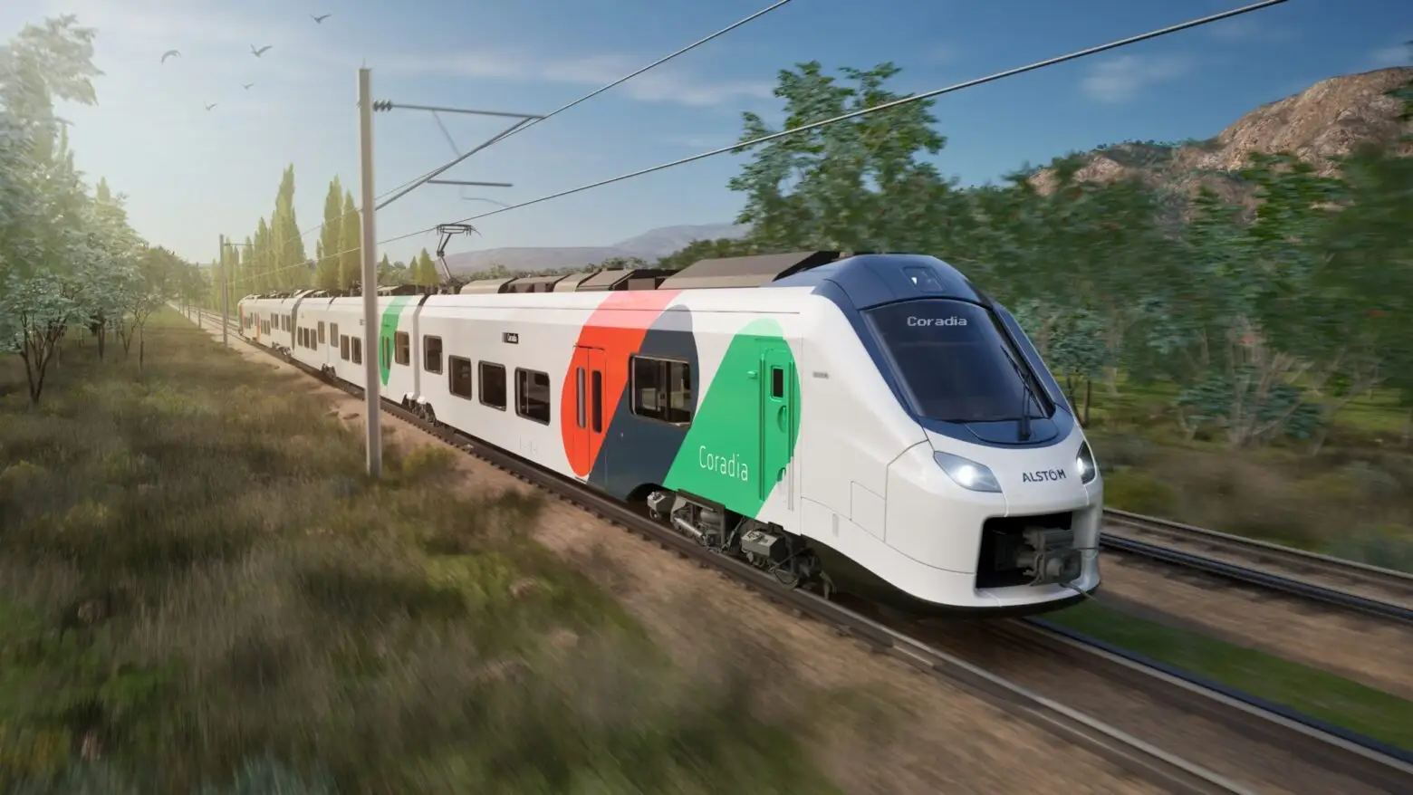 Απεικόνιση ηλεκτροκίνητου συρμού Coradia Stream της Alstom σε σιδηροδρομική γραμμή.